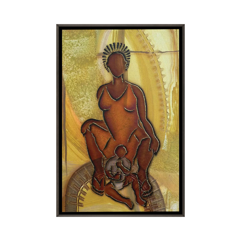 « Mère et enfant » par Fred Odle-impression, Pas de tapis, H 26 po x l 18 po x 1,5 po, Toile encadrée de bois rustique foncé