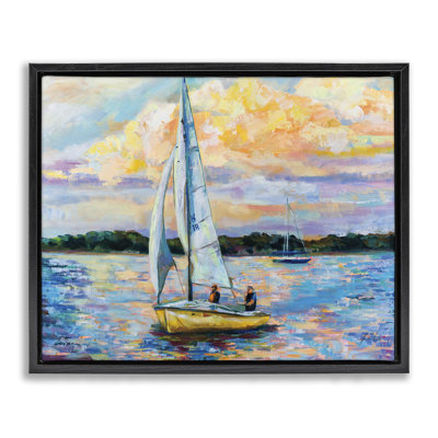«Vivid Nautical Sailboat Landscape», peinture sur toile à cadre flottant