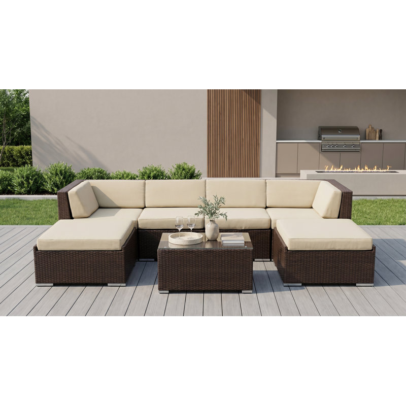 Ensemble de conversation en osier pour 4 personnes avec coussins Billyjo Wicker, Toile Sunbrella® beige antique, Brun foncé