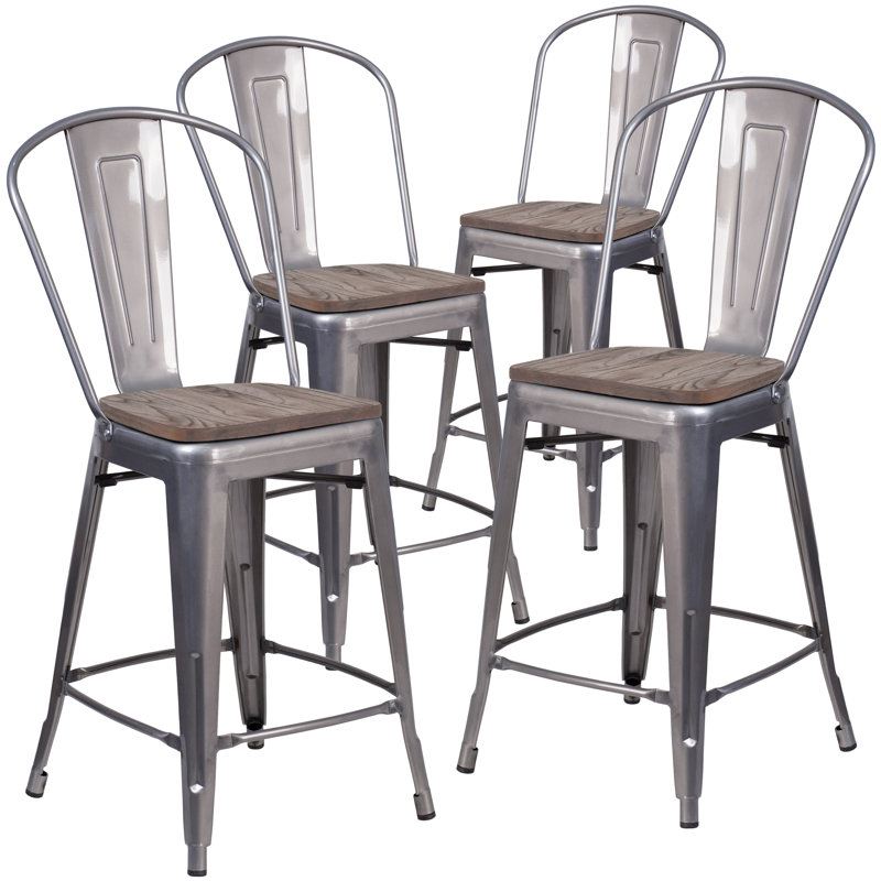 Tabouret de bar ou de comptoir en métal Marian avec dossier et siège en bois Marian, Gris, 4