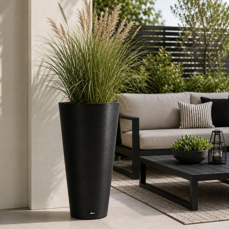 Taio 28" Tall Ribbed Tapered Planter with Elevated Plant Shelf