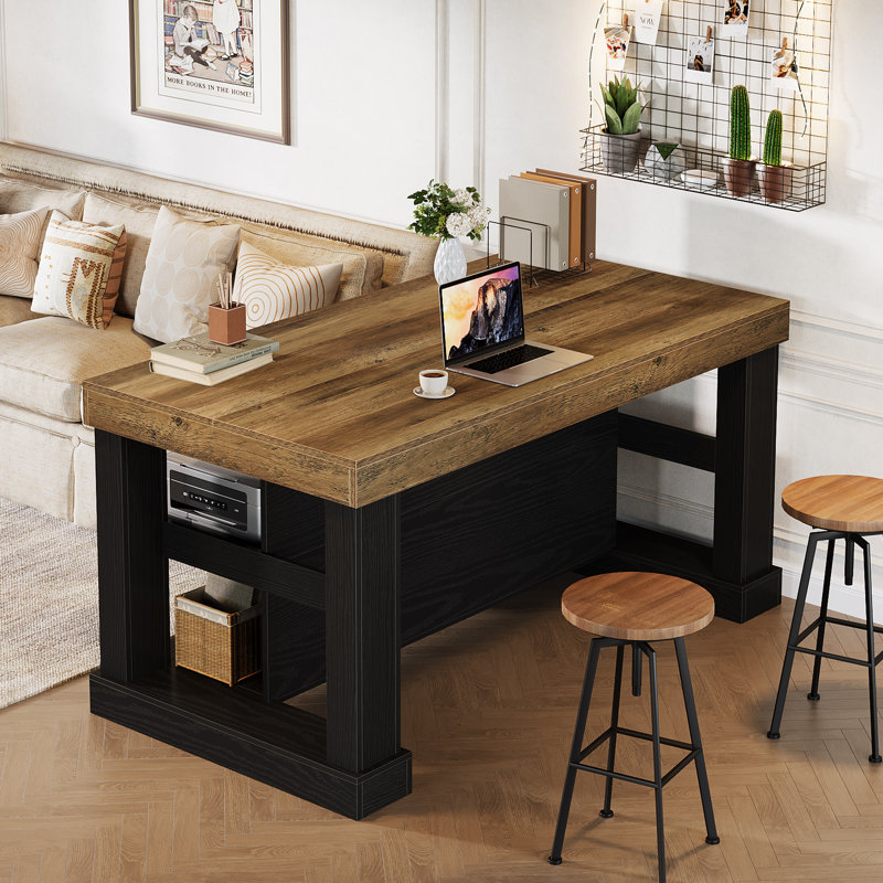 Îlot de cuisine avec tablettes de rangement, tablette de cuisine de 55 pouces avec grand plan de travail, structure en bois stable, style maison de campagne