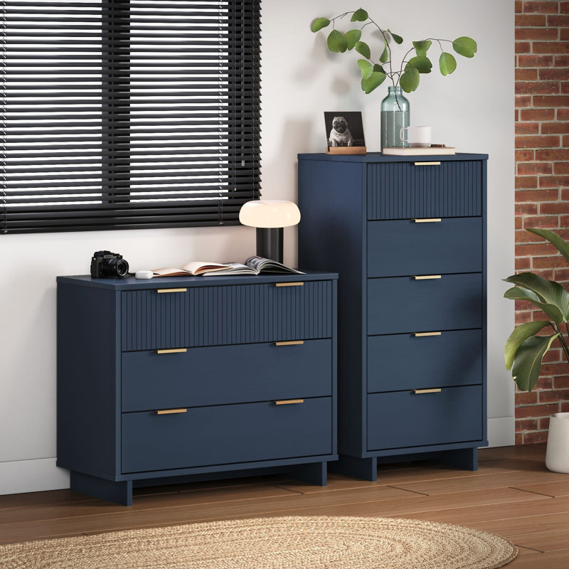 Ensemble de chambre à coucher 2 pièces en bois massif avec commode et commode Granville, Bleu minuit