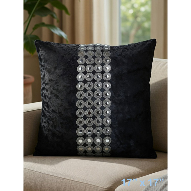 Coussin en velours noir avec boutons argentés, Noir - argent