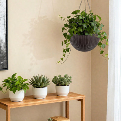 Jardinière suspendue de 13,4 pouces inspirée du rotin, grande capacité, réservoir d'eau résistant à la pourriture des racines avec indicateur de niveau d'eau, double usage pour la décoration intérieure et de balcon