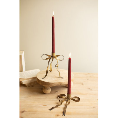  Christmas Antique Brass Bow Taper Candle Holder 6" L