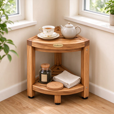 Tabouret de coin de douche en teck avec tablette intégrée, organisateur de douche en bois de teck massif et repose-pieds stable pour le rasage et le brossage, accessoire de spa de salle de bain fabriqué à la main