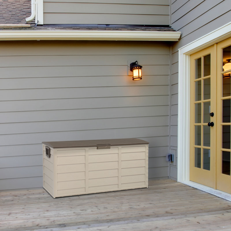 75 Gallon Beige and Brown Lockable Plastic Deck Box with Wheels
