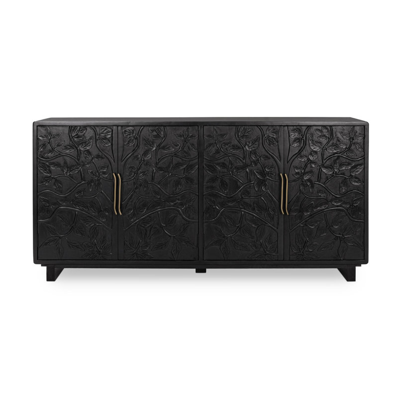 Black Mango Wood Sideboard Buffet with Brass Pulls