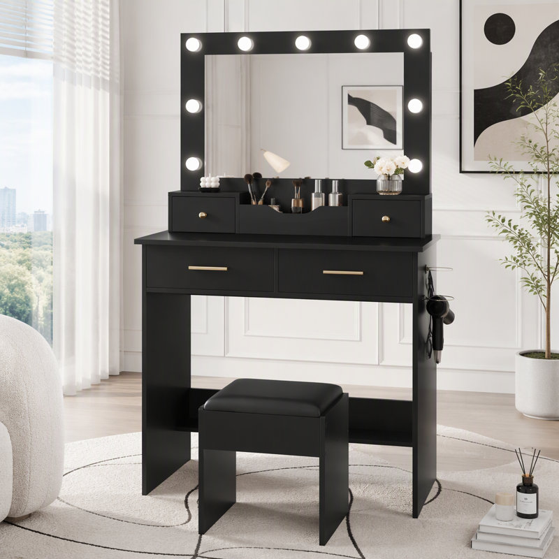 Makeup Vanity Desk with 9 Hollywood Bulbs,with a large mirror, featuring 4 drawers and 1 open storage box, equipped with a power socket