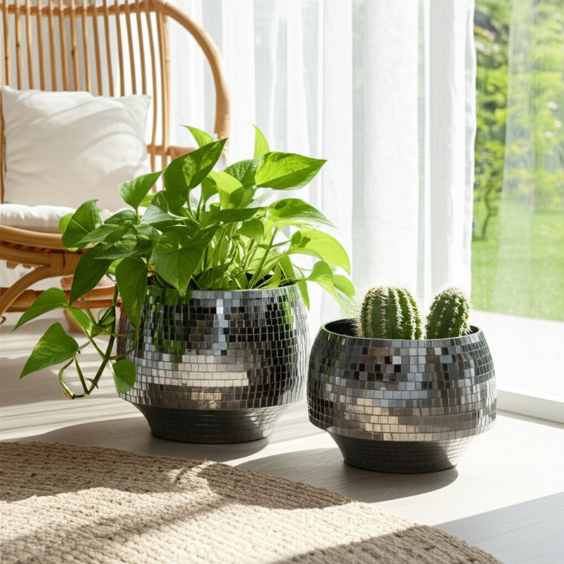 Decorative Metal Planters With Mirrored Mosaic Surface Durable Indoor Outdoor Display Containers Modern Accent Home And Garden Decor Stylish Plant Holder Set Of 2