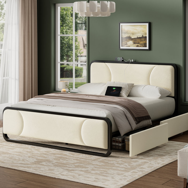 Upholstered Platform Bed with 2 Storage Drawers, Modern Bed Frame with Charging Station, Storage Bed with Velvet Tufted Headboard, No Spring Boxing Needed