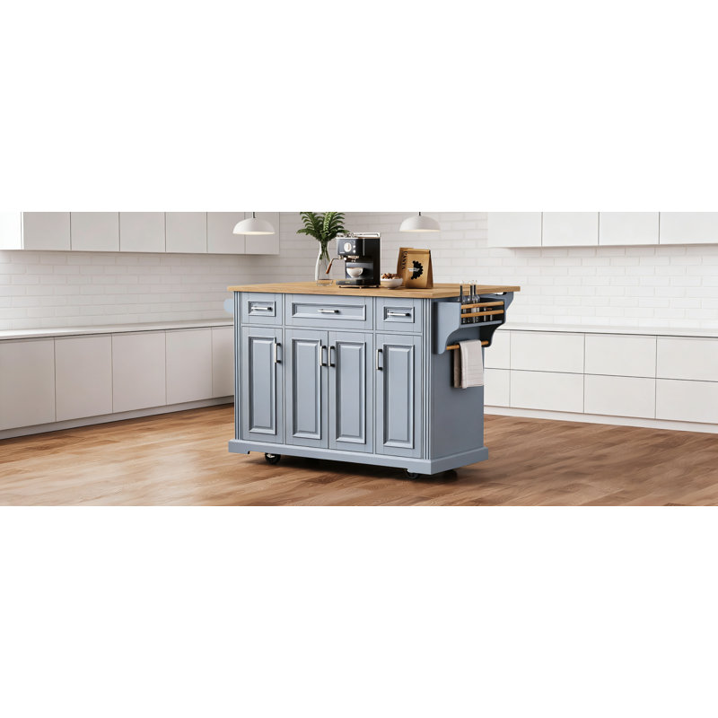 Grand îlot de cuisine de 54 po K&K avec abattant, texture gaufrée, chariot roulant sur 4 roues, 4 portes, 3 tiroirs, gris-bleu