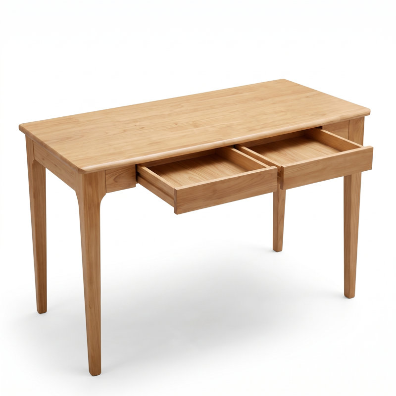 Bureau Mid-Century moderne en bois massif avec tiroirs et bords lisses pour bureau à domicile, salon, finition bois naturel