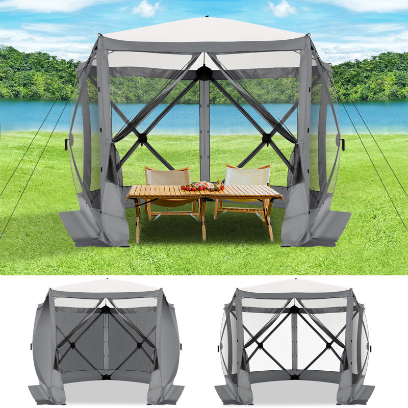 10x10ft Camping Gazebo Screen Tent, 5 Sided Pop-up Canopy Shelter with Mesh Windows, Grey