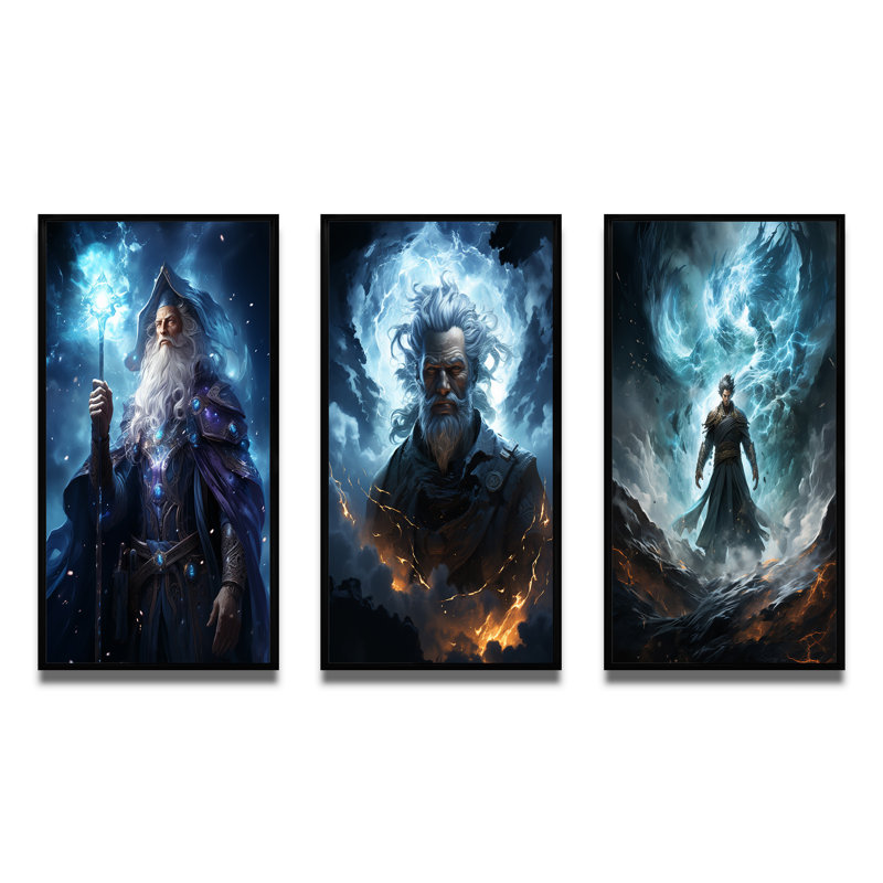 " Powerful Wizard " 3 - Pieces, 32" H x 48" W, Black Floater Framed