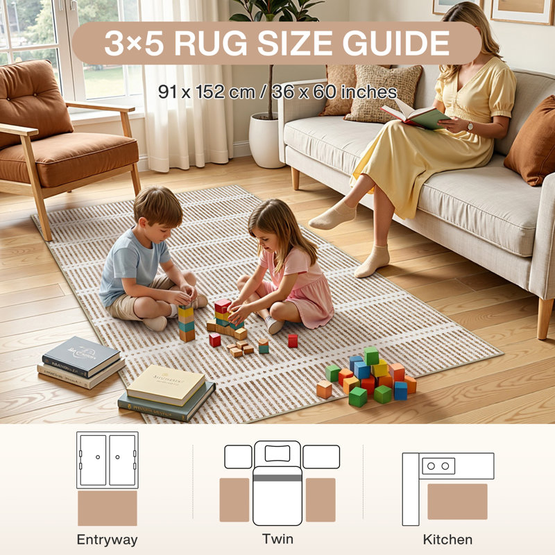 Ultra Thin 3' x 5' /5' x 7' Washable Area Rugs, Modern Non-Slip Small Bedroom Kitchen Rugs, Striped Farmhouse Soft Indoor Carpet, Oeko-Tex Certified