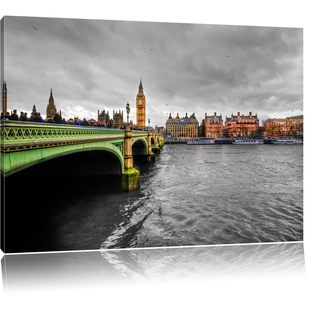 Leinwandbild London mit Themse und Big Ben in Grau/Grün/Beige