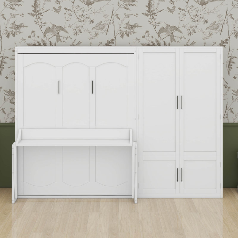 Grand lit escamotable avec garde-robe et garde-robe, Blanc