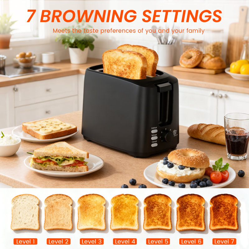 SUPERLEX Toaster, 2-Slice 750W Extra Wide with 7 Browning Settings | Reheat, Defrost & Cancel Functions, Removable Crumb Tray, for Artisan Bread, Baguettes & Thick Slices, Matt Black