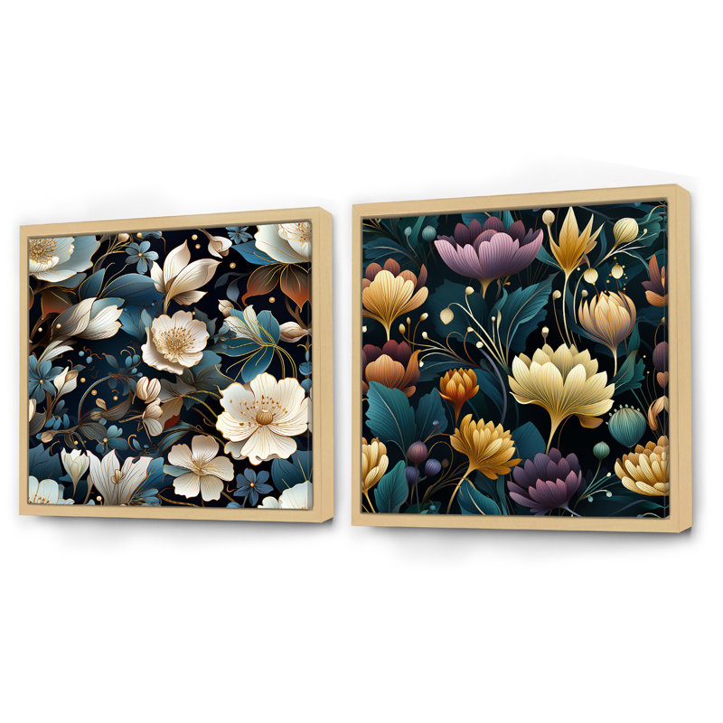 Jewel Tones Flowers Blooms - Abstract Botanicals Square, ensemble de 2 collages carrés, Cadre flottant brun