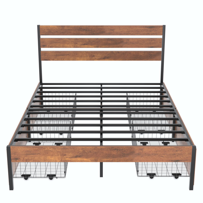 Suheil Queen Size Bed Frame with 4 Storage Drawers, Rustic Brown Wood and Metal Platform Bed with Underbed Drawers, Industrial Farmhouse Queen Storage Bedframe, No Box Spring Needed