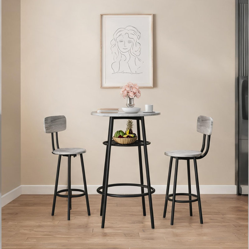 Ensemble de table de bar 2 personnes avec tabourets de dossier, panneau de fibres à densité moyenne gris neutre et métal, conception pliable peu encombrante pour la cuisine