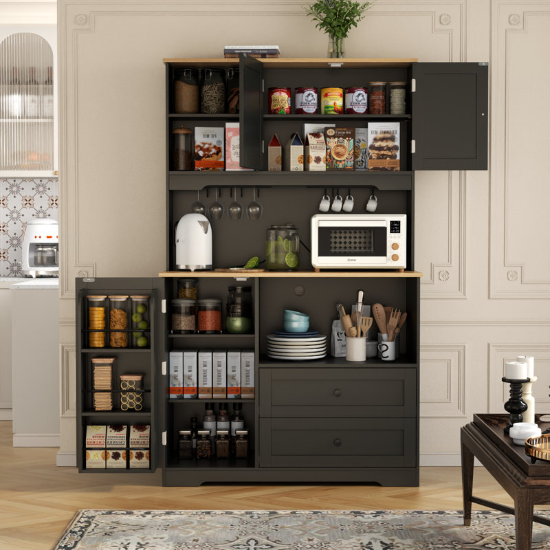 Armoire de rangement pour garde-manger avec support pour micro-ondes, Noir