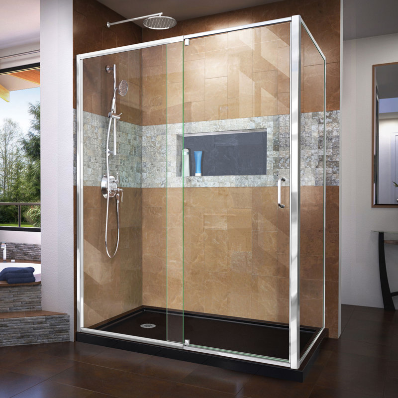 Flex 60" W x 36'' D x 74.75" H Semi-Frameless Rectangle Shower Enclosure with Base Included, Chrome/Black, Left
