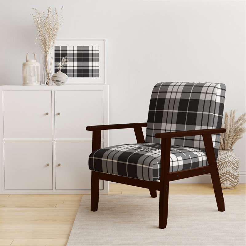 Black And Silver Checked Tartan - Upholstered Patterned Accent Arm Chair, Brown Square Arms