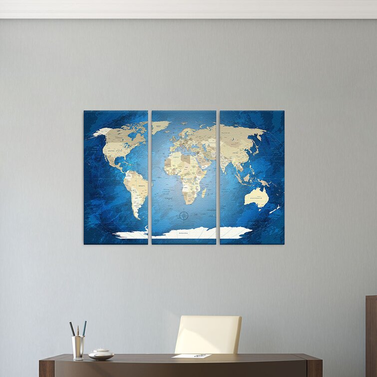 World Map - 3 Piece Wrapped Canvas Art Prints
