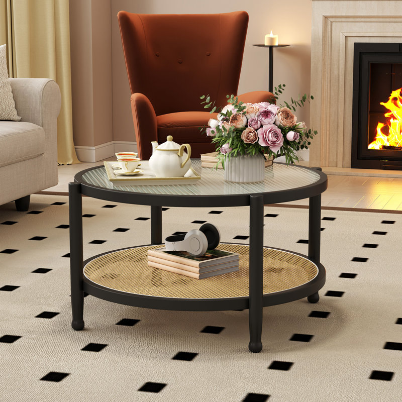 Bay Isle Home Round Rattan Coffee Table with Glass Top, Black, 17.7"H x 31.5"W x 31.5" D