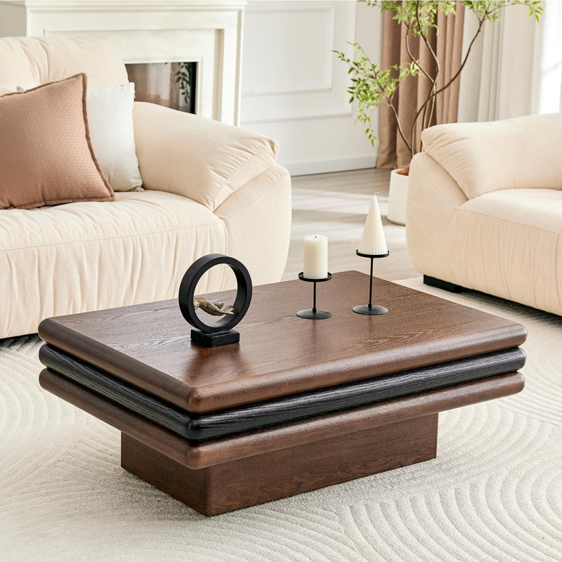Table basse empilable à 3 niveaux avec placage en bois véritable, centre de table rectangulaire moderne avec bords arrondis pour le salon