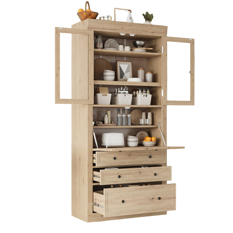 Garde-manger autoportant avec 3 tiroirs, tablettes réglables et prise de courant, Naturel