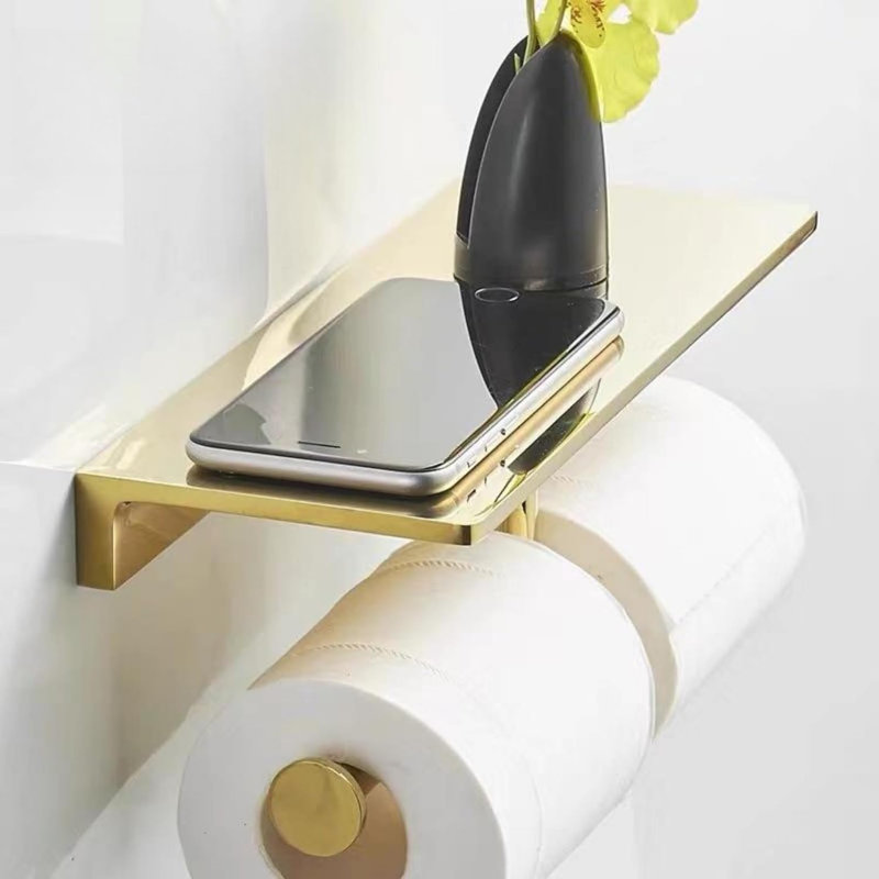 Porte-papier hygiénique double face avec tablette, porte-papier hygiénique mural en acier inoxydable et support pour téléphone, finition or brossé