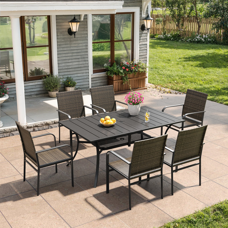 6-Person  Patio Dining Set with Rectangular Dining Table and 6 Rattan Dining Chairs, Brown