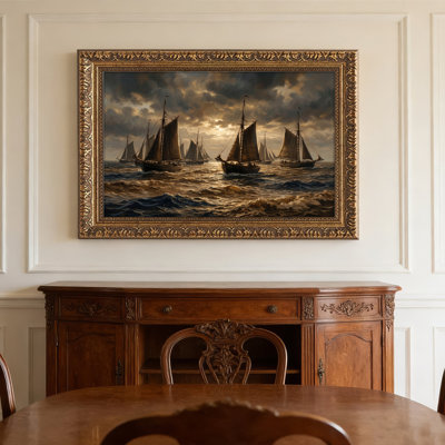 Art mural en toile noyer doré pour salon, chambre à coucher, bureau ou vestibule - décoration murale décorative avec voiliers