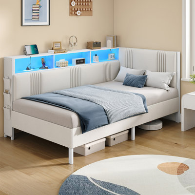 Single Bed Frame with Storage, LED and Charging Station | 190 x 90 cm Single Daybed Upholstered Sofa Bed, 3 Storage Compartments, Space-Saving Corner Design
