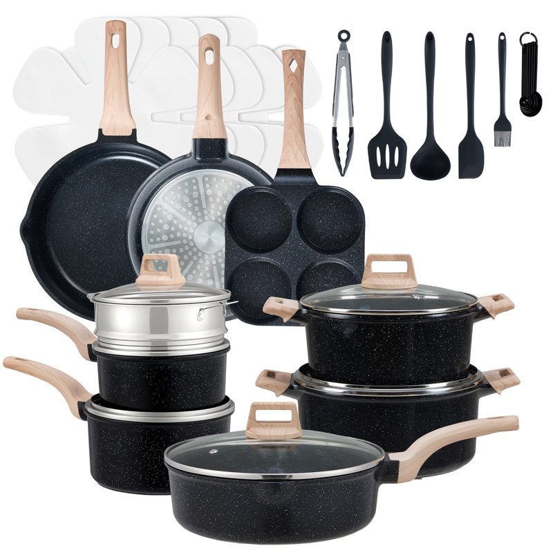 Ensemble de casseroles et de poêles antiadhésives en aluminium, 25 pièces, allant au four et au lave-vaisselle, Noir