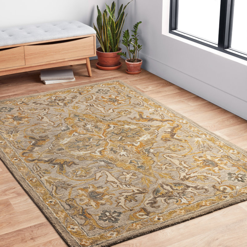 Tapis oriental gris / brun en laine crocheté à la main Asan, Rectangle 5 pi x 7 pi 6 po
