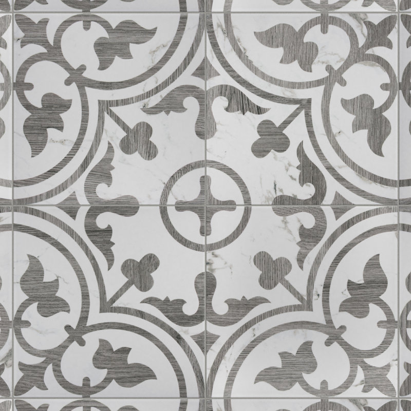 Llama Arte Loire 10" x 10" Porcelain Patterned Wall & Floor Tile, Grey/White