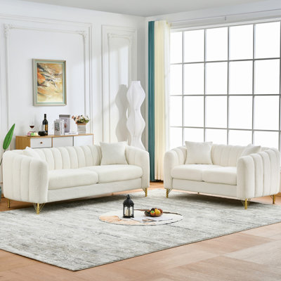 Oversized Chenille Sofa, Luxury 3 Seater + 2 Seater Deep Couch, Modern Tufted Design, Gold Metal Legs For Living Room, Bedroom, Apartment (White)