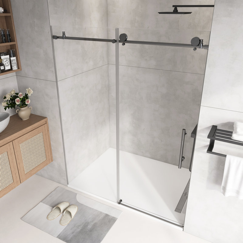 60 "W X 76" H Frameless Single Sliding Shower Door With Tempered Glass And Explosion Proof Film, Brushed Nickel