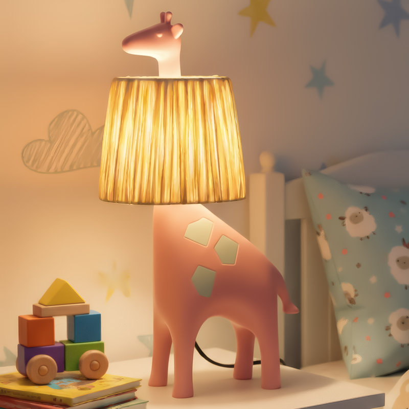 Modern Giraffe Led Table Lamp with Handwoven Raffia Shade, Resin Base, 3W Integrated Led, Pink