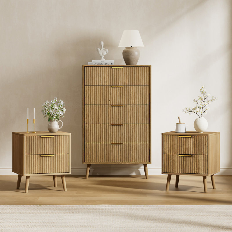 Ensemble de chambre à coucher 3 pièces (1 commode + 2 tables de chevet), Noyer, Trois pièces : coffre, deux tables de chevet