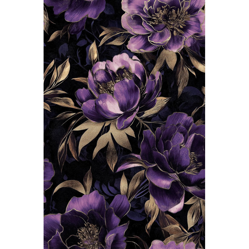 Papier peint floral à motif de pivoines violettes et feuilles d'or