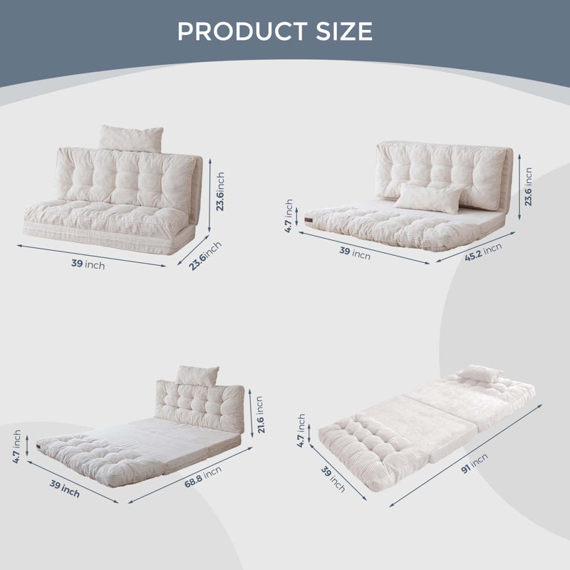 Canapé-lit Corduroy, H 4,7 po x l 39 po x P 91 po, Velours côtelé crème