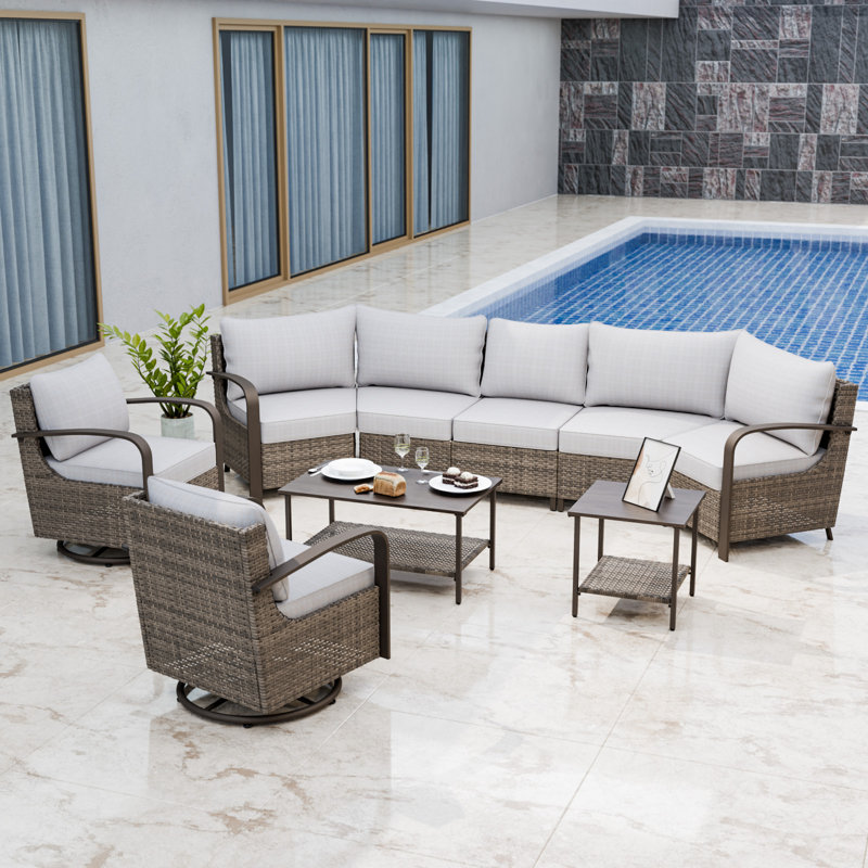 Beige 7-Person Wicker Patio Sectional Sofa Set with Swivel Chairs