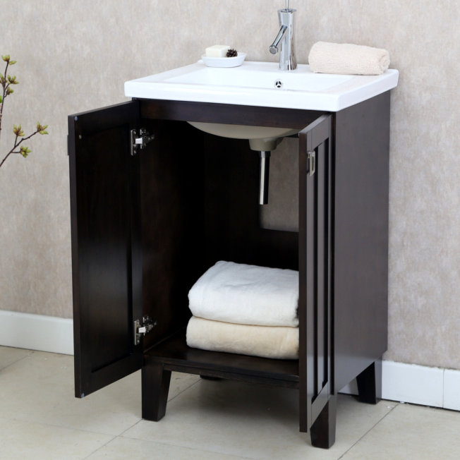 24'' Dark Brown Wood Single Bathroom Vanity with Ceramic Top