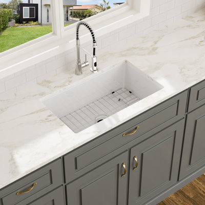 32" Fireclay Kitchen Sink Undermount/Drop-In Dual Mount Single Bowl Kitchen Sink White Deep Bowl Kitchen Sink with Bottom Grid and Basket Strainer